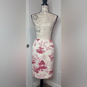 Talbots Petites 4P Silk Cotton Chinoiserie Toile Pencil Skirt Cranberry Ivory